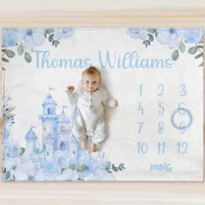Couverture Bébé Personnalisée Douce à Motifs Floraux avec Prénom et Château
