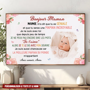 Toile Personnalisée “Bonjour Maman” – Message d’Amour de Bébé à Maman