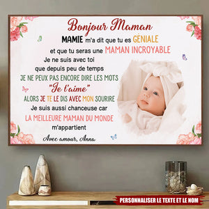 Toile Personnalisée “Bonjour Maman” – Message d’Amour de Bébé à Maman