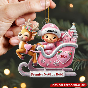 Premier Noël de Bébé – Décoration Personnalisée en Acrylique avec Traîneau et Renne