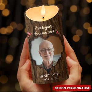 Bougie LED Commémorative Personnalisée – Motif Bois avec Photo et Texte