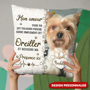 Coussin Personnalisé avec Photo de Chien et Message d’Amour – Cadeau Émotionnel et Réconfortant