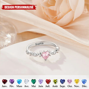 Bague Personnalisée avec Pierre de Naissance – Design Cœur Élégant et Gravure Prénom