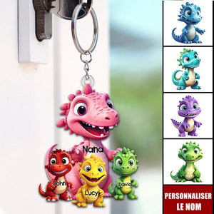 Porte-clés Dinosaures Personnalisé – Cadeau Original pour Mamie ou Maman avec Prénoms des Petits-Enfants