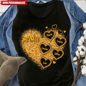 T-shirt Personnalisé Mamie – Cœur Scintillant avec Prénoms des Petits-Enfants