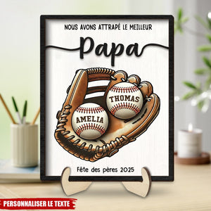 Tableau personnalisé Fête des Pères – "Nous avons attrapé le meilleur Papa" avec prénoms sur balles de baseball
