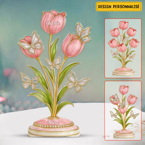 Statue Personnalisée de Tulipes et Papillons - Cadeau Unique pour Maman ou Mamie