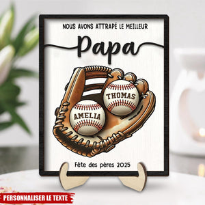 Tableau personnalisé Fête des Pères – "Nous avons attrapé le meilleur Papa" avec prénoms sur balles de baseball