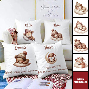 Housse de Coussin Personnalisée - Design Animal Mignon et Nom