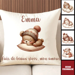 Housse de Coussin Personnalisée - Design Animal Mignon et Nom