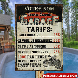 Plaque Métal Garage Personnalisée – Tarifs Drôles pour Mécano Passionné