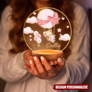 Veilleuse LED Acrylique Personnalisée – Ourson en Montgolfière avec Prénom