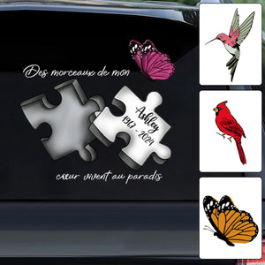 Autocollant Commémoratif Personnalisé pour Voiture – Pièce de Puzzle avec Nom, Dates et Papillon