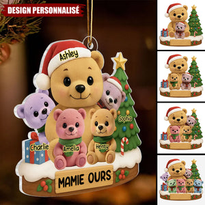 Ornement de Noël Personnalisé en Acrylique – Famille d’Ours avec Prénoms et Sapin