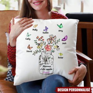 Coussin Personnalisé avec Papillons et Prénoms – Cadeau Émotionnel et Unique pour Mamie