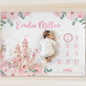 Couverture Bébé Personnalisée Douce à Motifs Floraux avec Prénom et Château