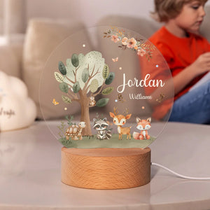 Lampe de Nuit Personnalisée avec Animaux de la Forêt – Veilleuse LED avec Nom et Date pour Enfants