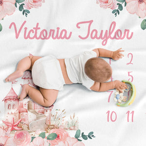 Couverture Bébé Personnalisée Douce à Motifs Floraux avec Prénom et Château