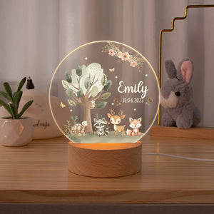 Lampe de Nuit Personnalisée avec Animaux de la Forêt – Veilleuse LED avec Nom et Date pour Enfants