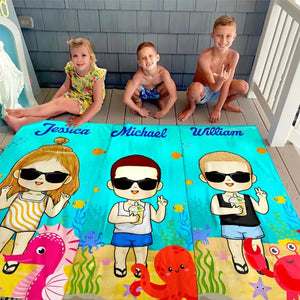 Été, Plage, Piscine, Voyage – Serviette de Plage Familiale Personnalisée sur Mesure