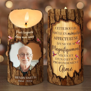 Bougie LED Commémorative Personnalisée – Motif Bois avec Photo et Texte