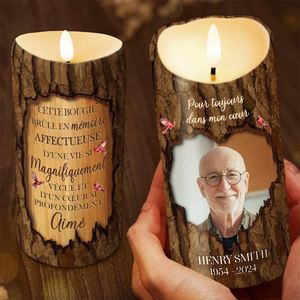 Bougie LED Commémorative Personnalisée – Motif Bois avec Photo et Texte