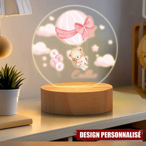 Veilleuse LED Acrylique Personnalisée – Ourson en Montgolfière avec Prénom