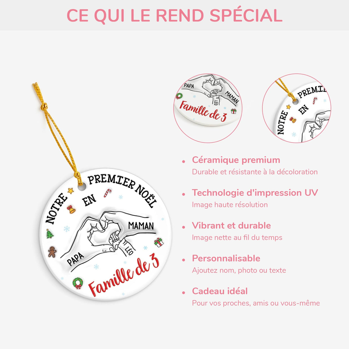 Ornement de Noël en Céramique Personnalisé – Premier Noël en Famille avec Prénoms et Date