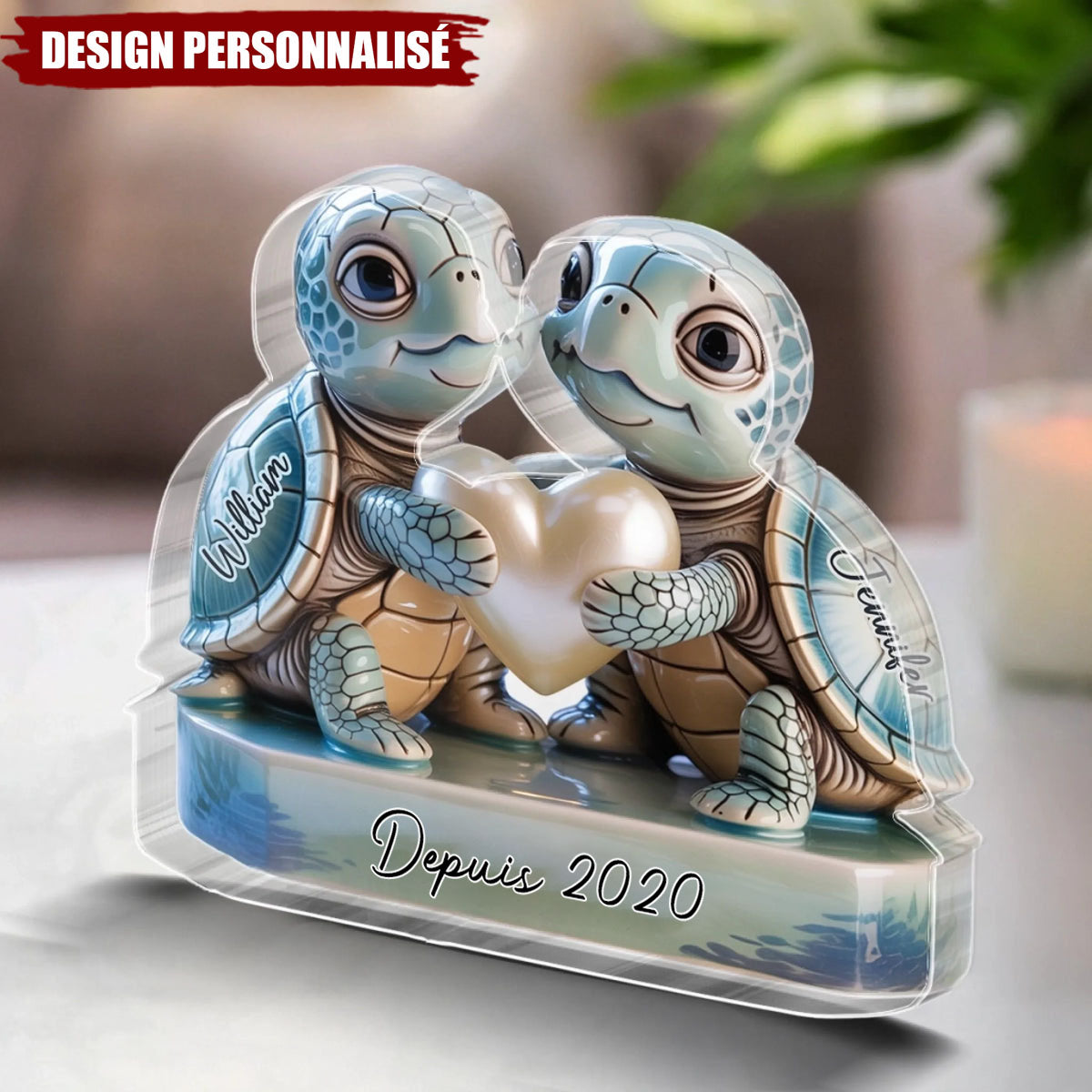 Plaque Acrylique Personnalisée – Couple de Tortues Amoureuses