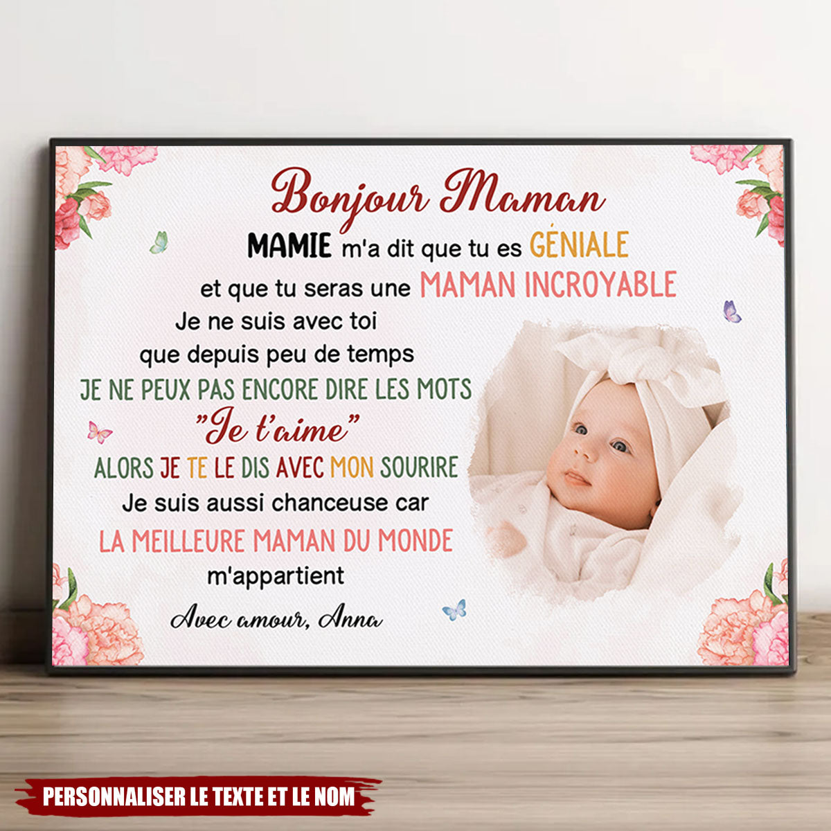 Toile Personnalisée “Bonjour Maman” – Message d’Amour de Bébé à Maman