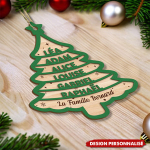 Ornement de Noël en Bois Personnalisé – Sapin Gravé avec Prénoms & Famille