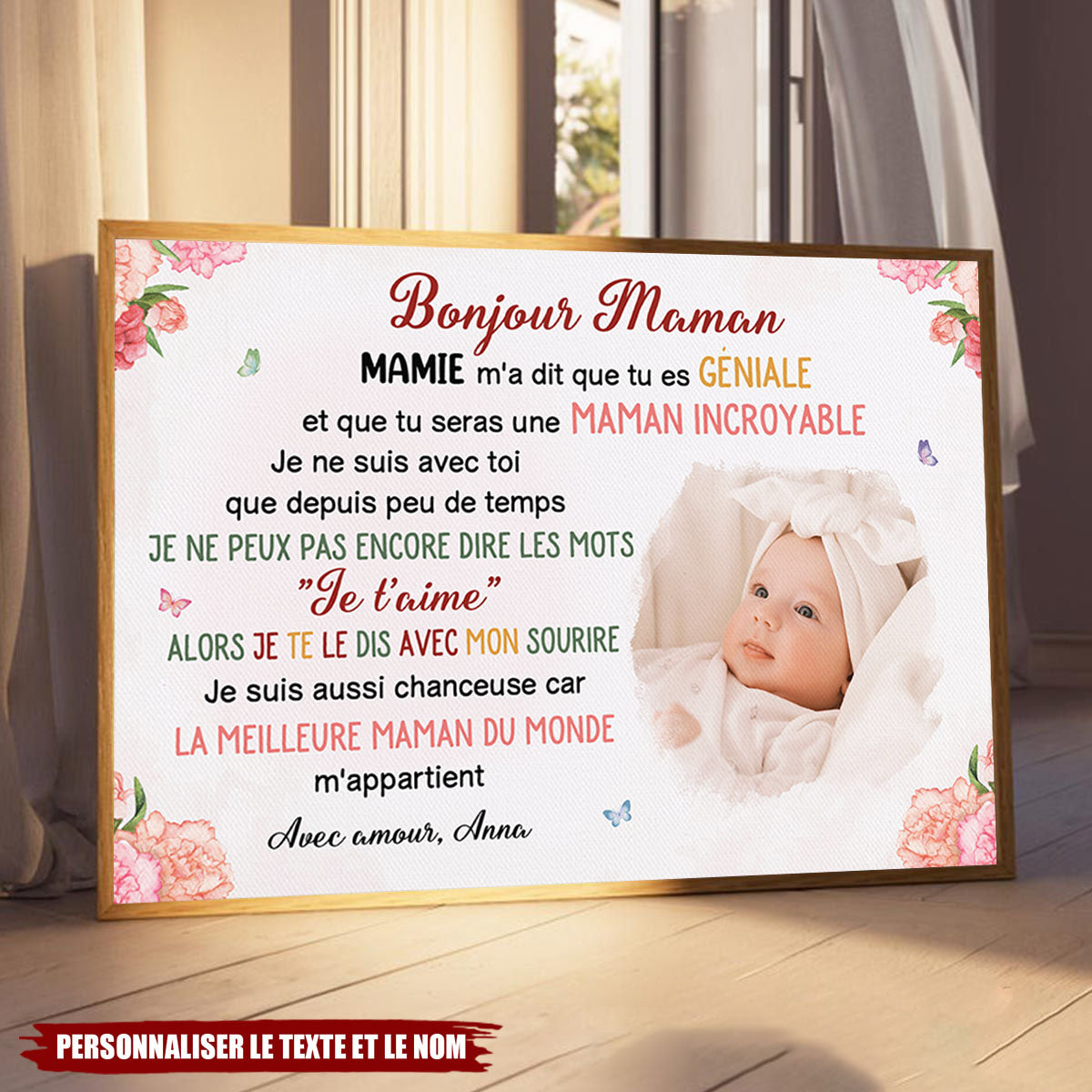 Toile Personnalisée “Bonjour Maman” – Message d’Amour de Bébé à Maman