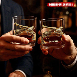 Verre à Whisky Personnalisé - Revolvers Dorés avec Personnalisation du Nom