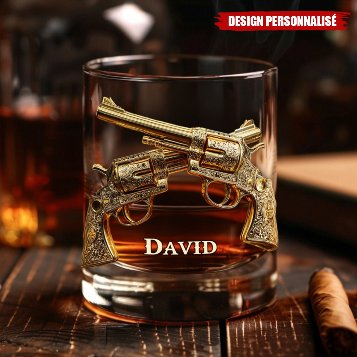 Verre à Whisky Personnalisé - Revolvers Dorés avec Personnalisation du Nom