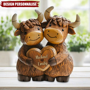 Plaque Acrylique Personnalisée – Couple de Yacks Amoureux avec Prénoms Gravés