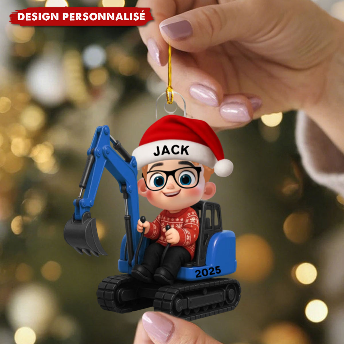 Ornement de Noël Personnalisé – Petit Conducteur sur Tracteur ou Pelleteuse