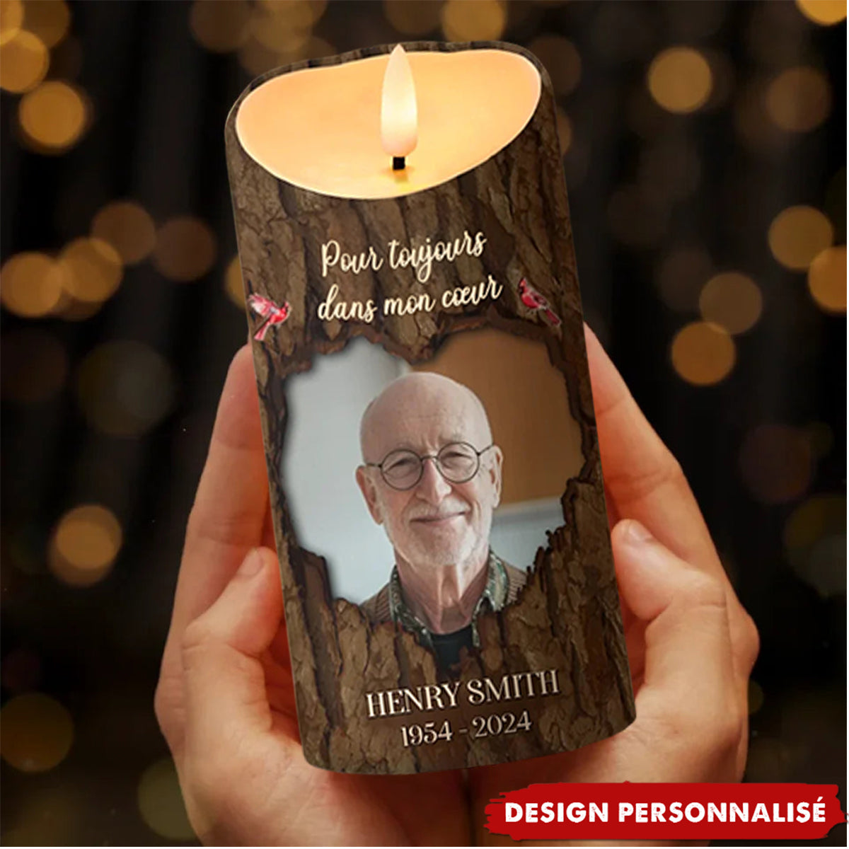 Bougie LED Commémorative Personnalisée – Motif Bois avec Photo et Texte