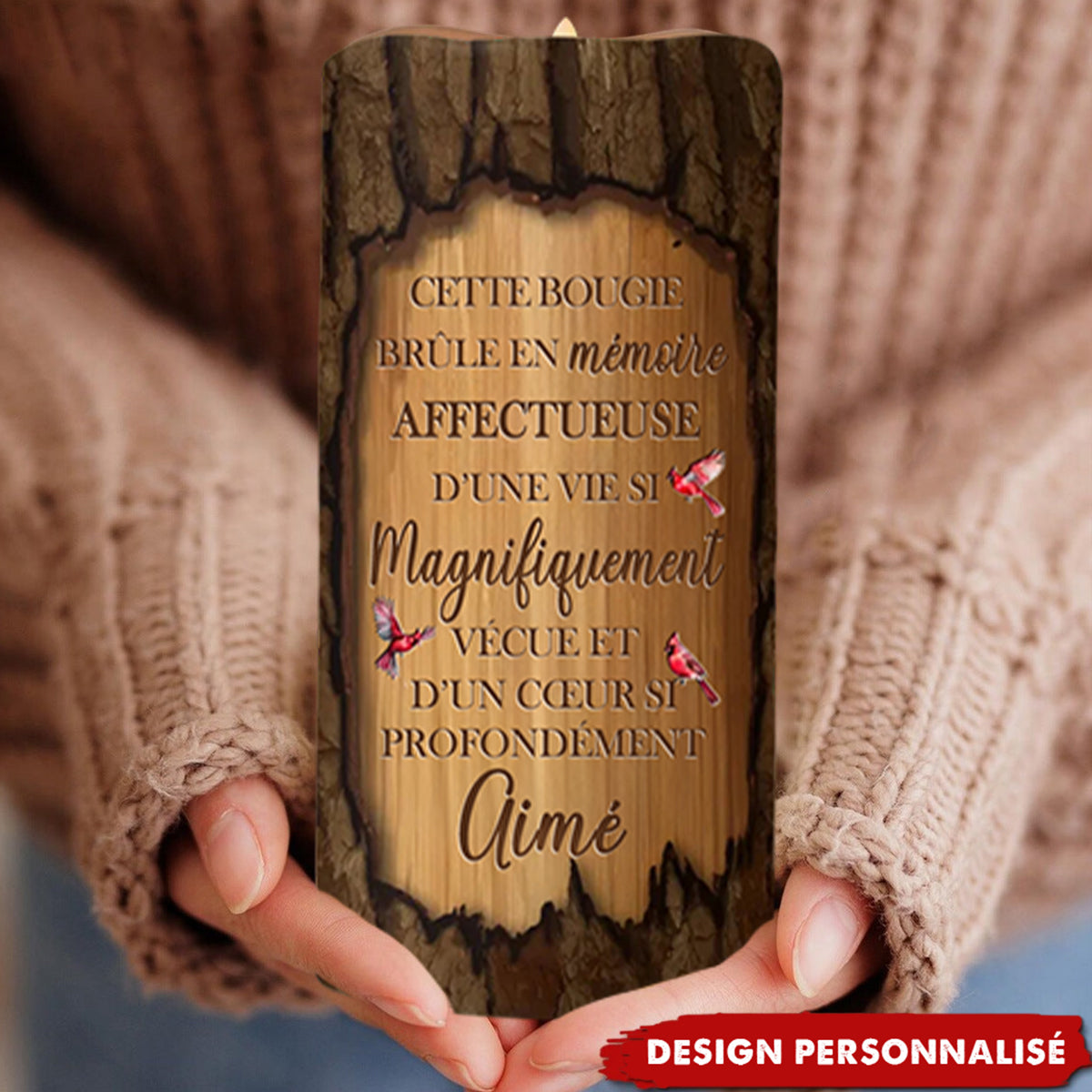 Bougie LED Commémorative Personnalisée – Motif Bois avec Photo et Texte