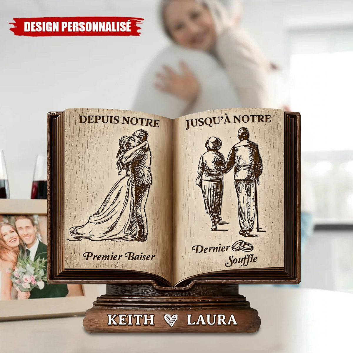 Plaque Personnalisée en Forme de Livre – “Depuis Notre Premier Baiser Jusqu’à Notre Dernier Souffle”