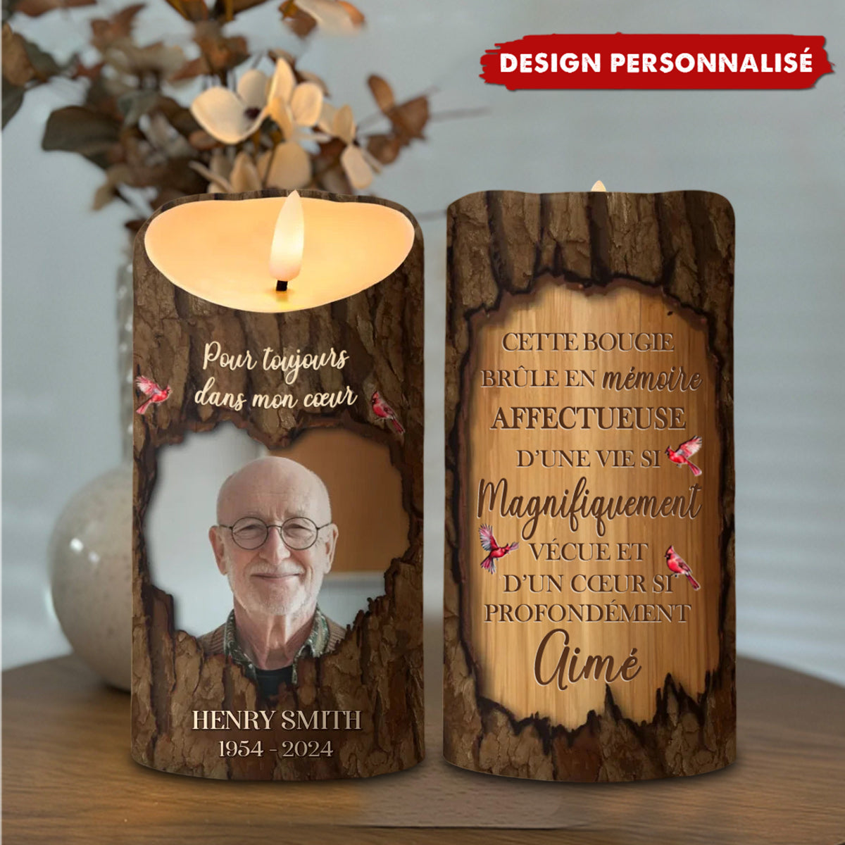 Bougie LED Commémorative Personnalisée – Motif Bois avec Photo et Texte