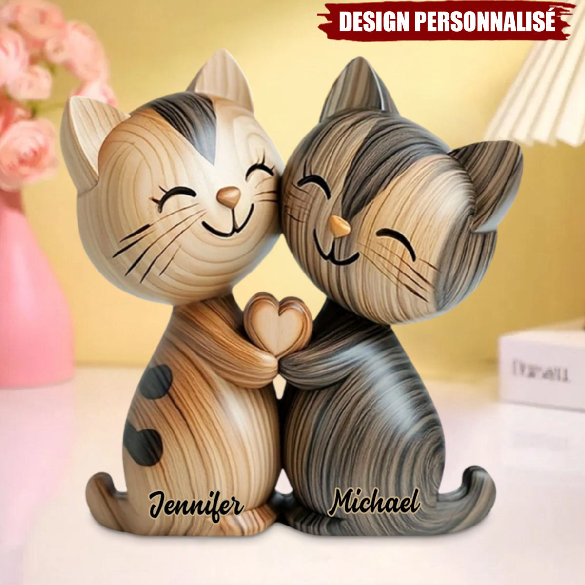 Adorables Chats en Couple – Plaque Acrylique Personnalisée en Forme de Chat