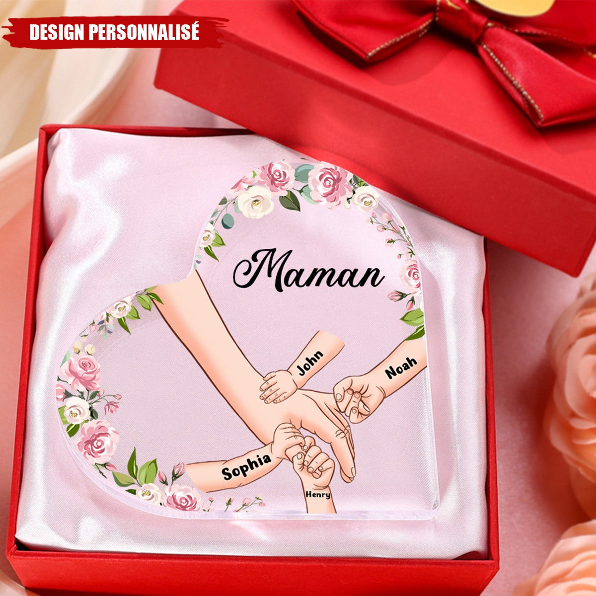 Cadeau Personnalisé en Acrylique en Forme de Cœur pour Maman/Mamie – Gravé avec les Noms des Enfants