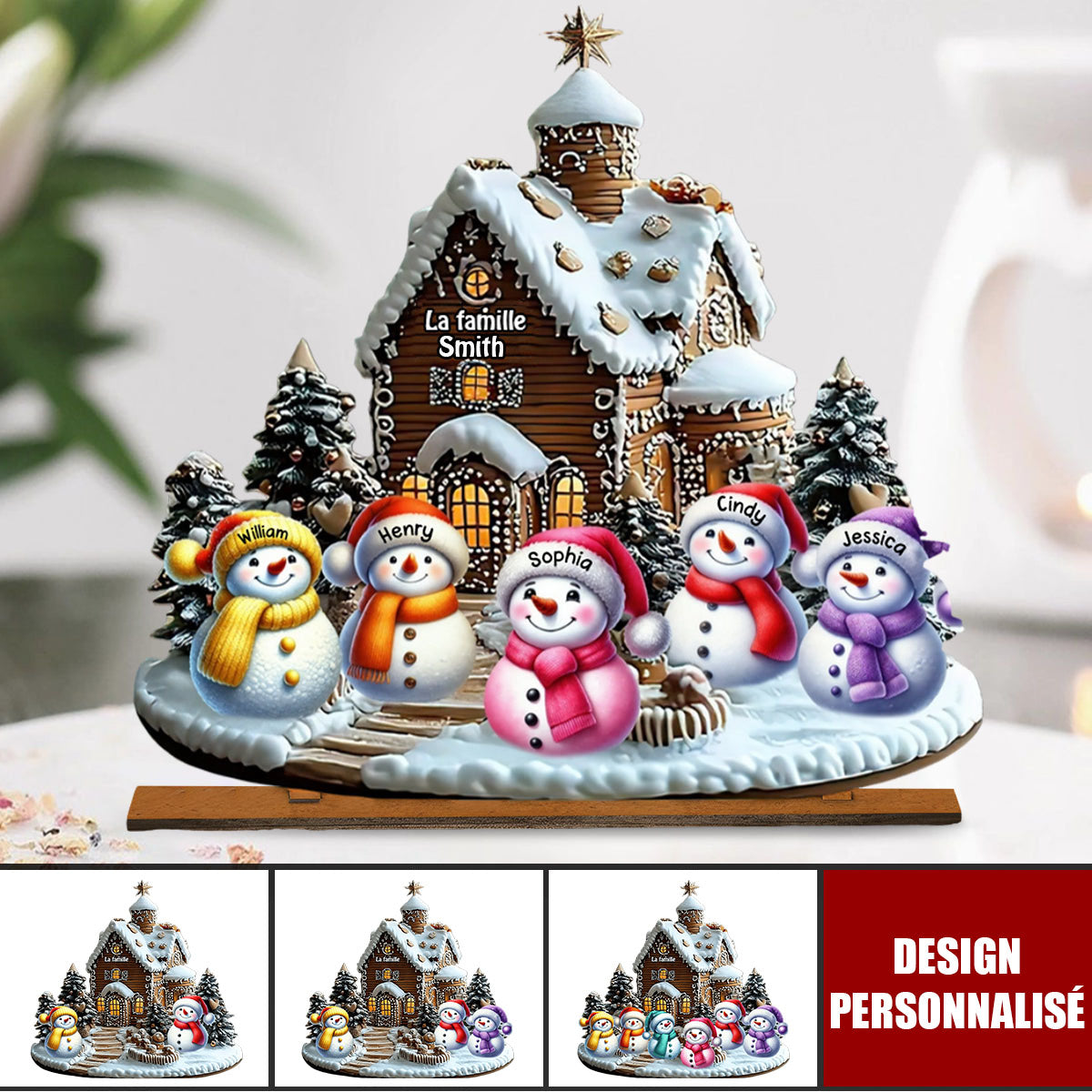 Plaque en Bois de Noël Personnalisée-Famille Bonhommes de Neige Devant une Maison
