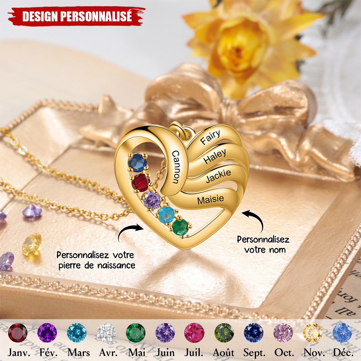 Collier Cœur Personnalisé avec Pierres de Naissance  – Cadeau Unique pour Famille et Amis