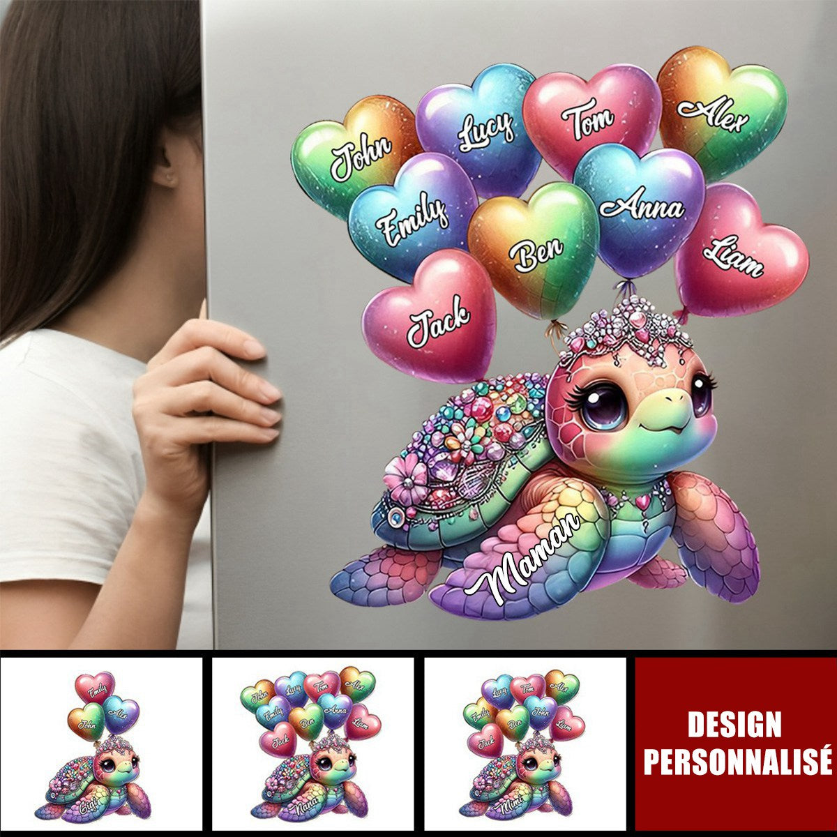 Autocollant personnalisé - Tortue Arc-en-ciel avec Prénoms