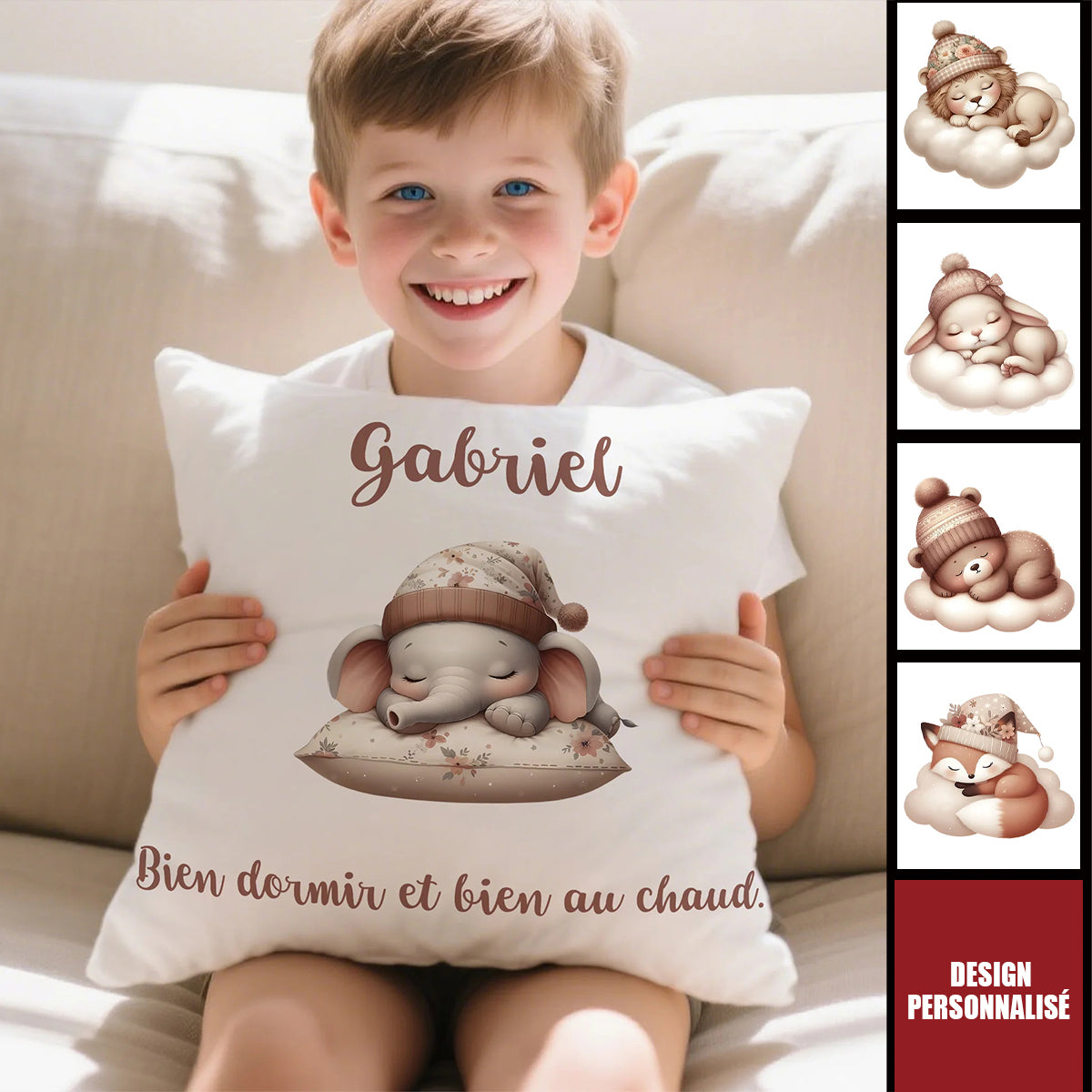 Housse de Coussin Personnalisée - Design Animal Mignon et Nom
