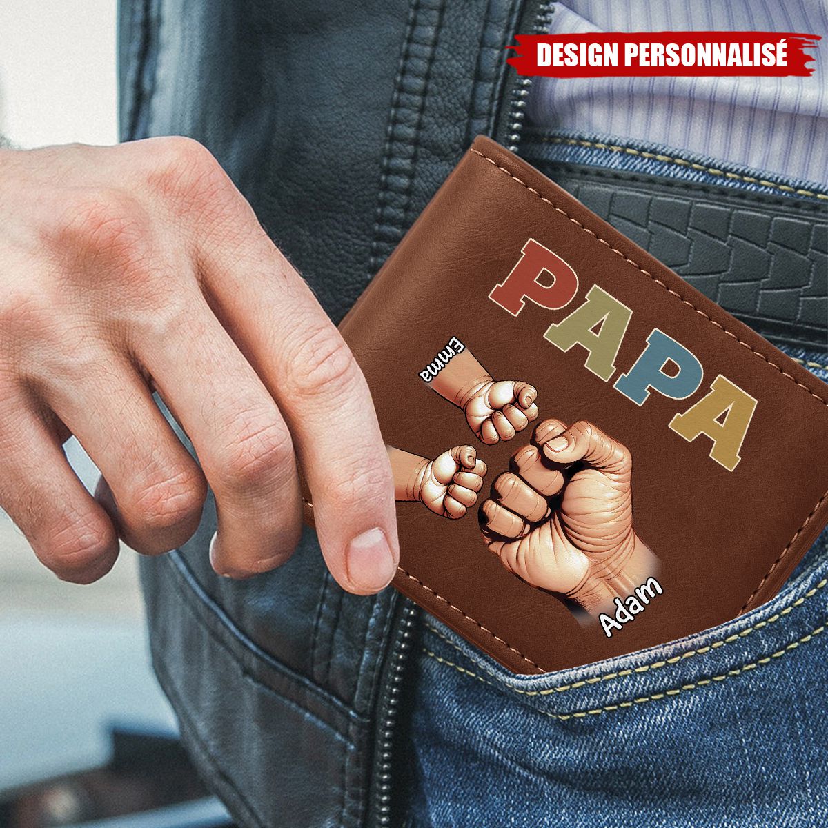 Portefeuille Personnalisé en Cuir– Poings d’Amour Gravés avec les Prénoms des Enfants