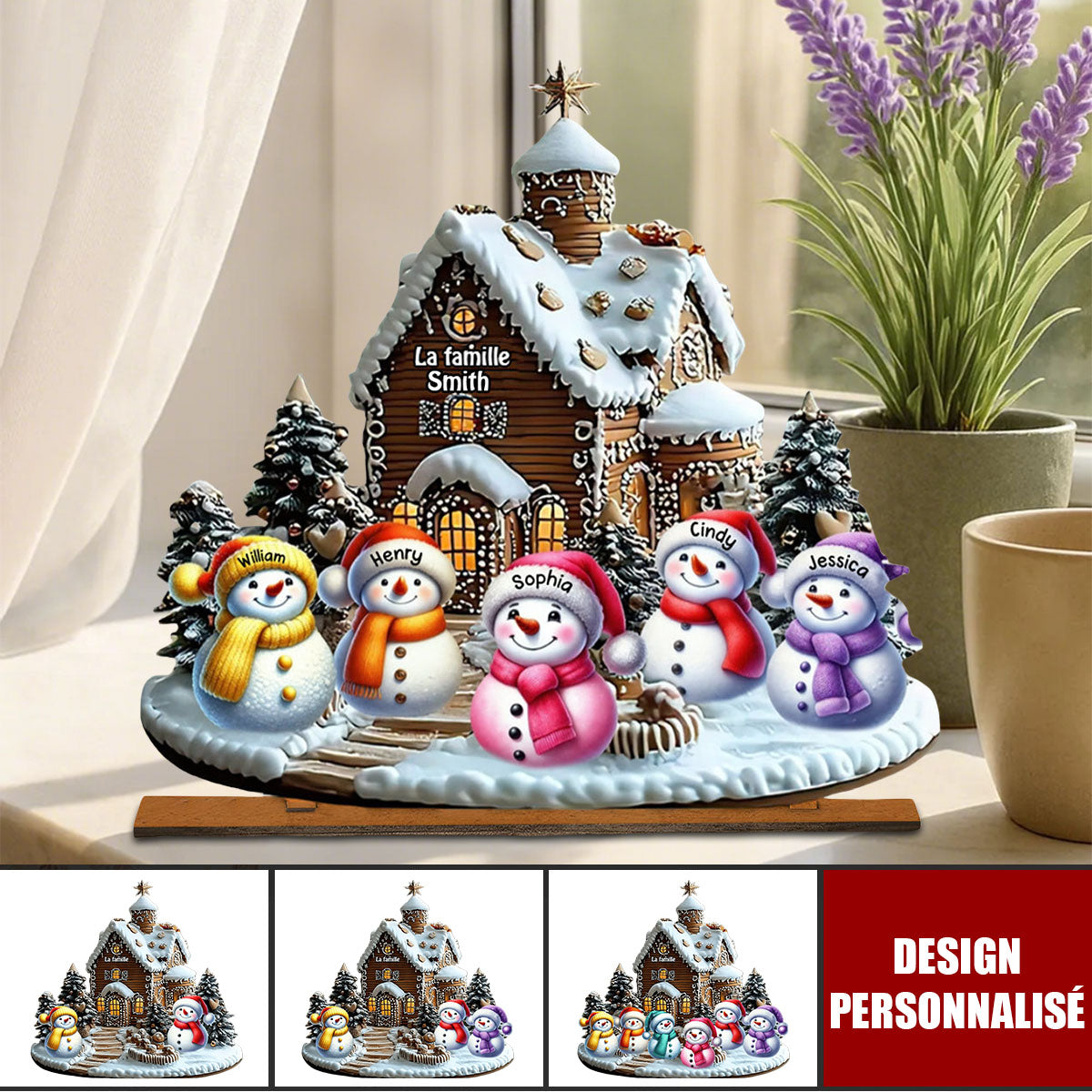 Plaque en Bois de Noël Personnalisée-Famille Bonhommes de Neige Devant une Maison