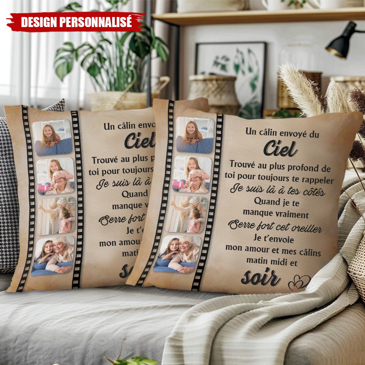 Coussin Personnalisé avec Message du Ciel – Cadeau Réconfortant pour les Êtres Chers