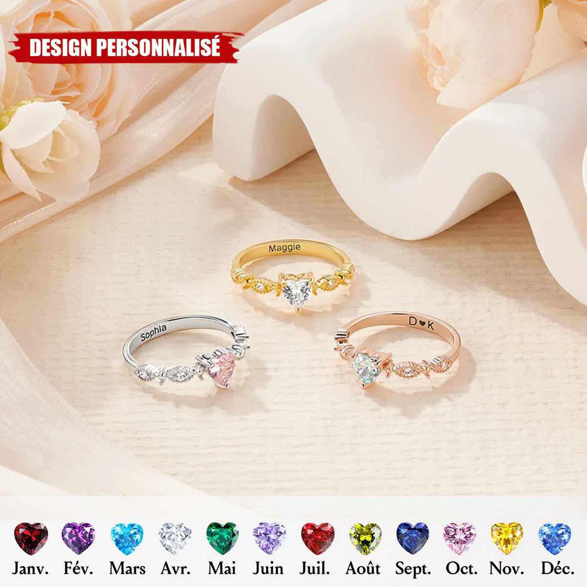 Bague Personnalisée avec Pierre de Naissance – Design Cœur Élégant et Gravure Prénom